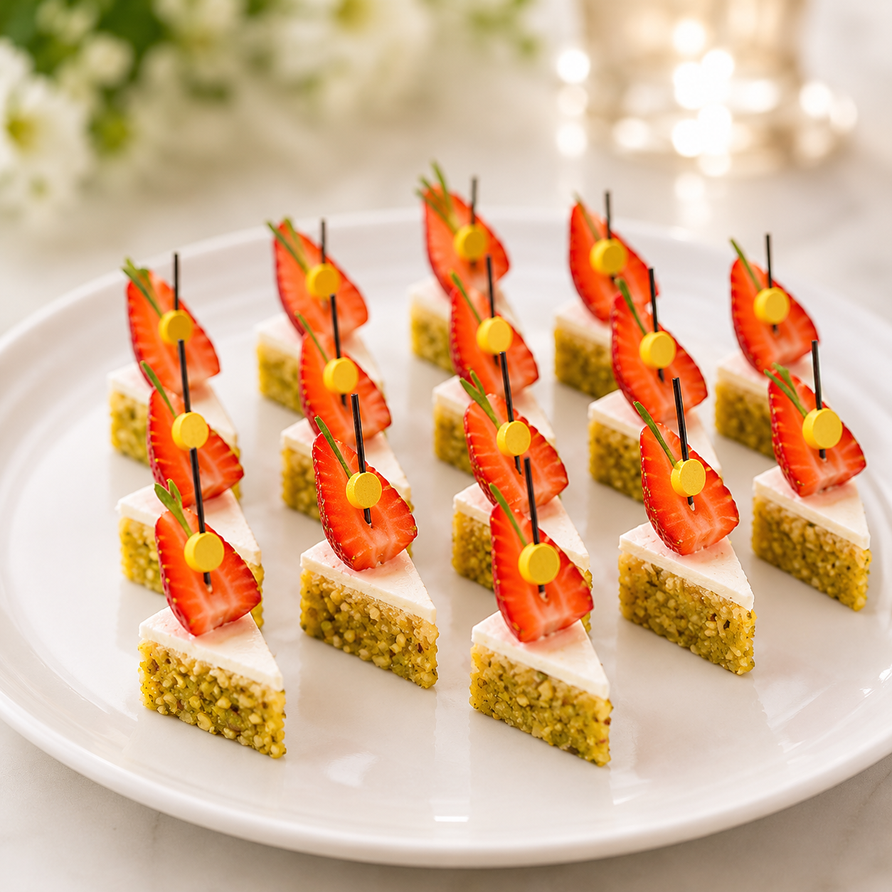 Канапе из сыра Камамбер с клубникой и фисташками