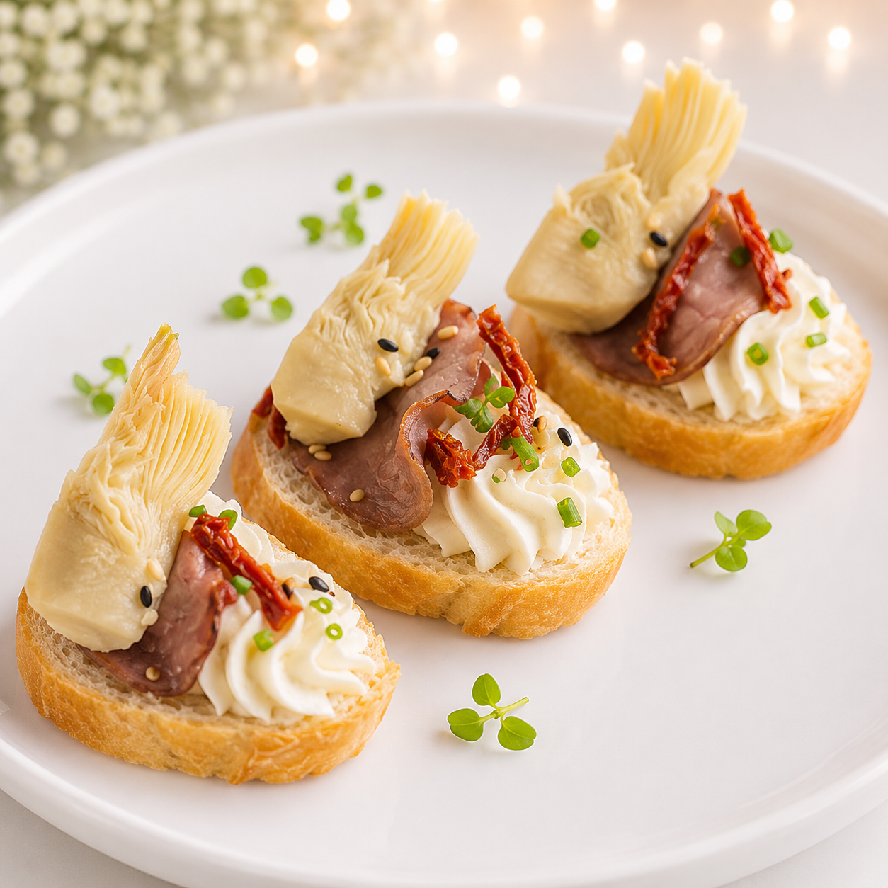 Мини-брускетта со сливочным сыром, артишоками и вялеными томатами