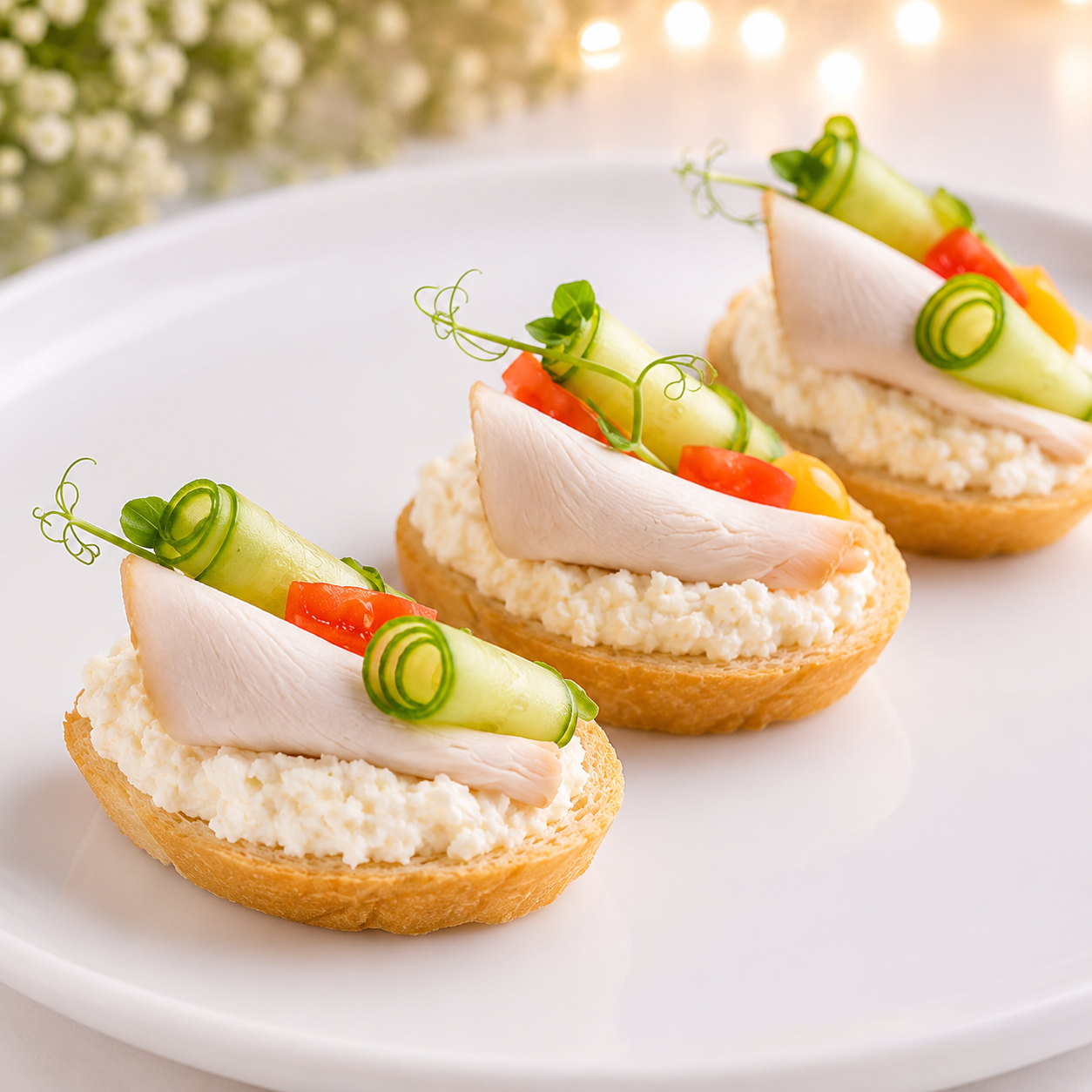 Мини-брускетта с курицей, адыгейским сыром и огурцом