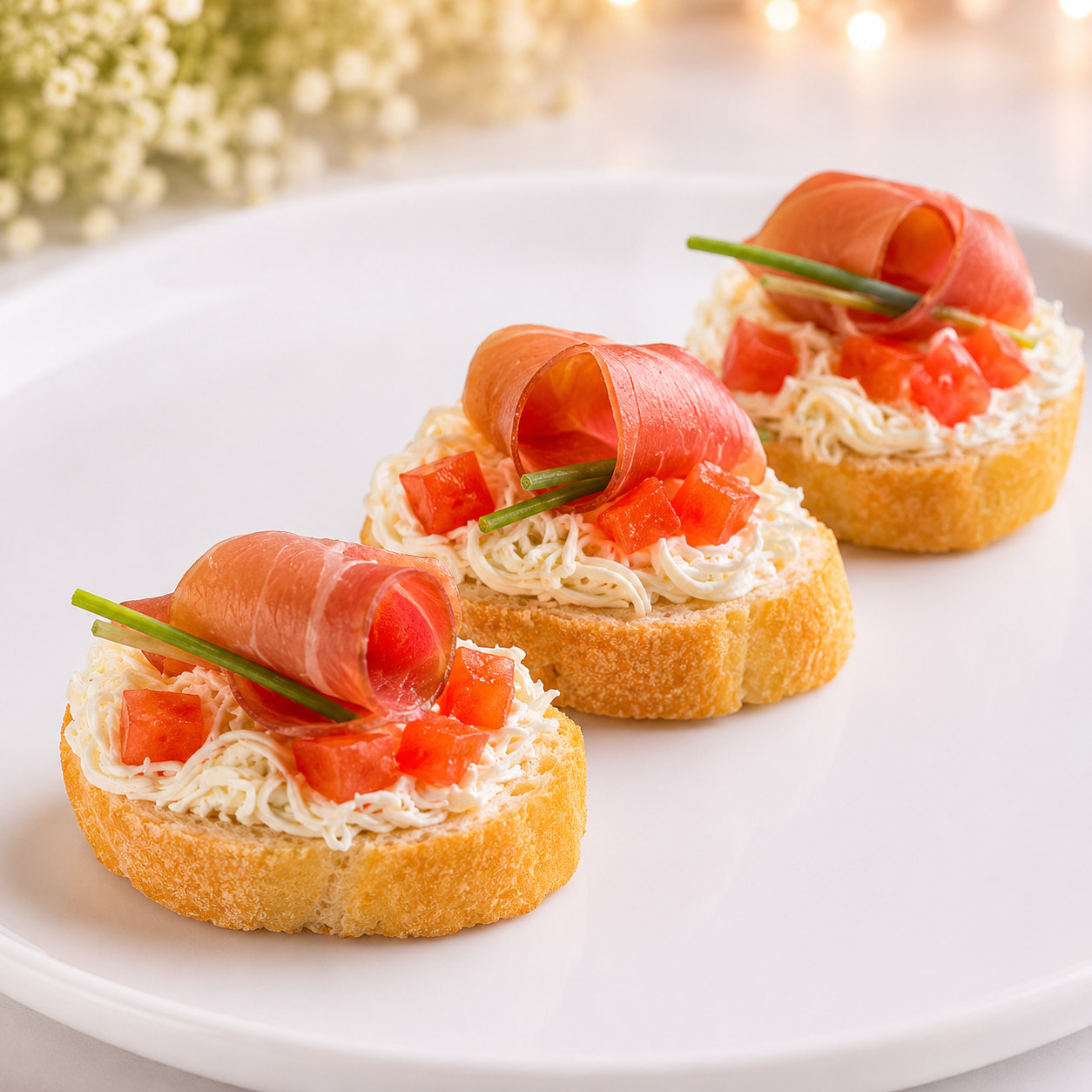 Мини-брускетта с пармской ветчиной, томатами и сыром «Фета»