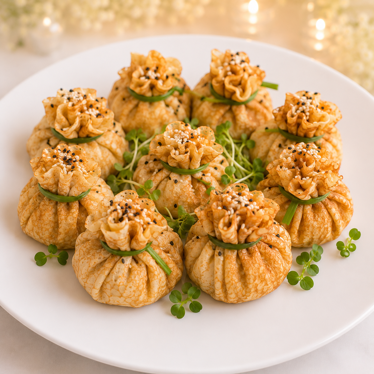 Блинные мешочки с курицей терияки и кунжутом