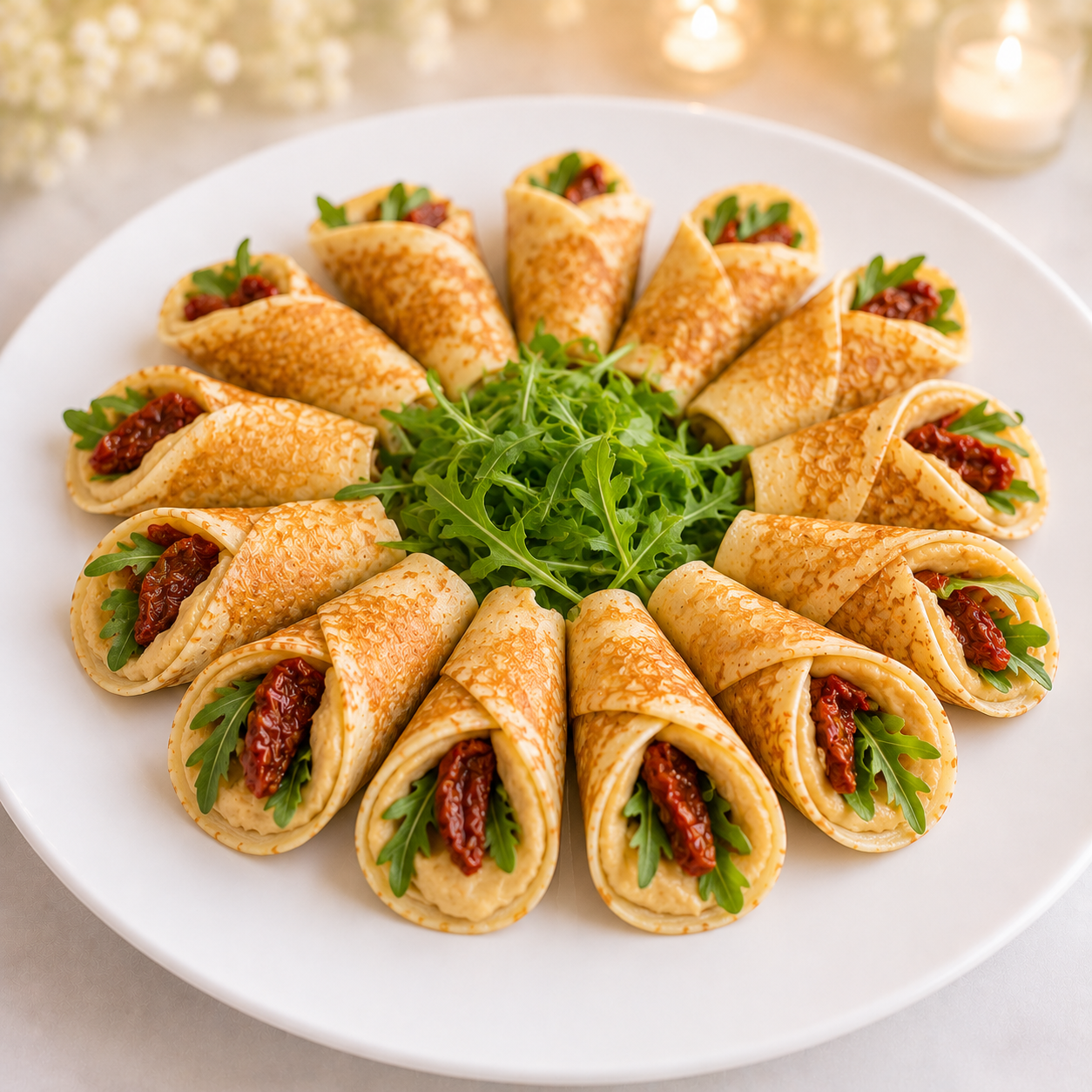 Блинчики с хумусом, вялеными томатами и рукколой