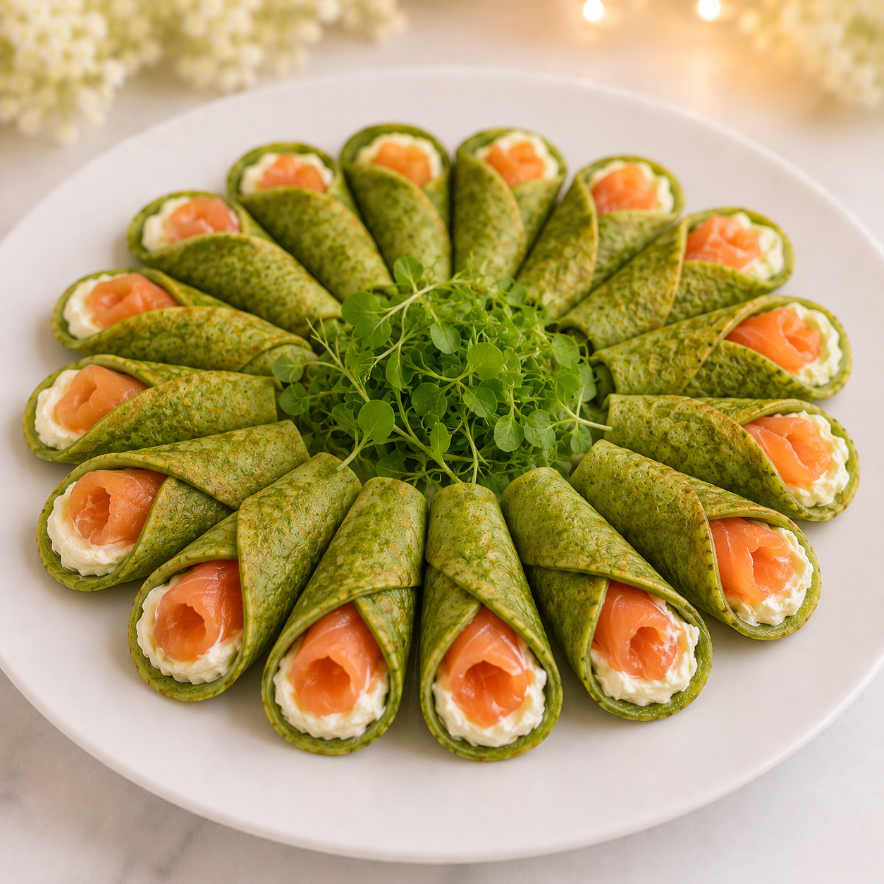 Шпинатные блинчики (зелёные) с лососем и лимонным кремом