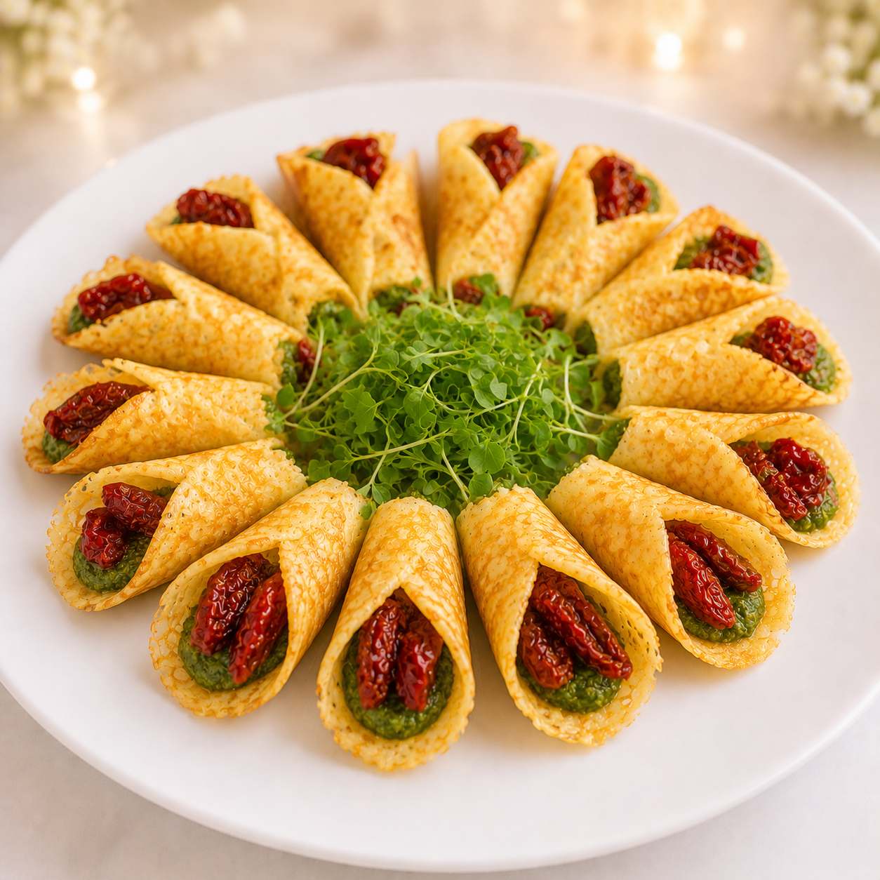 Сырные блинчики пармезан (без муки) с соусом песто и вялеными томатами